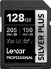 A close-up studio shot of a Lexar Professional 128GB SDXC memory card against a black and gray background. Voir les images du produit