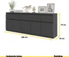 A dark gray sideboard with decorative items on top, with dimensions indicated. Voir les images du produit
