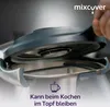 A hand is shown holding and lifting a lid from a kitchen appliance, with text and a logo overlayed. Produktbild-Vorschau