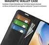 A close-up view of a black wallet case for a phone, showing credit cards and cash inserted into the card slots. Produktbild-Vorschau