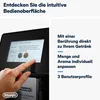 A hand is shown interacting with the touchscreen interface of a DeLonghi coffee machine, highlighting its intuitive controls and customizable features. Produktbild-Vorschau