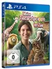 The cover of a PlayStation 4 game case titled 'Meine Tierarztpraxis im Zoo', featuring a woman holding a lion cub, with a lion, giraffe, and elephant in the background. Produktbild-Vorschau