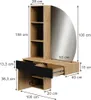 A vanity table with shelves and drawers, featuring a large curved mirror, with dimensions indicated by text overlays. Voir les images du produit