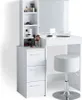 A white vanity table with a mirror and stool, featuring makeup and brushes on the shelves and tabletop. Náhled obrázku produktu