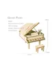 A 3D wooden model of a grand piano with its stool, shown on a white background with dimensions indicated. Podgląd zdjęcia produktu