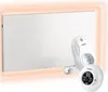A white infrared heating panel with a white thermostat unit in the foreground. Náhľad obrázku produktu