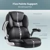 A black ergonomic office chair with diagrams highlighting its support features. Produktbild-Vorschau
