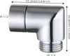 A close-up, studio shot of a silver-colored 90-degree elbow connector for a shower hose, with dimensions indicated by text overlays. Náhľad obrázku produktu