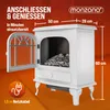 A white electric fireplace with its door open, showing the flame effect and dimensions indicated by measurement lines and text. Produktbild-Vorschau