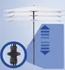 A rectangular umbrella with multiple height settings is shown against a light blue background. A close-up of the umbrella's height adjustment mechanism is also visible. Produktbild-Vorschau