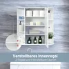A white bathroom cabinet with doors open, showing shelves with various bathroom items like toilet paper, soap dispensers, and a towel. A sink faucet is visible below. Overlay text highlights adjustable shelves. Produktbild-Vorschau