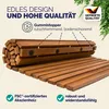 A wooden bath mat is partially unrolled, showcasing its slatted design and rubber stoppers. Text overlays highlight product features and quality. Produktbild-Vorschau