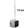 A small, cube-shaped speaker with an extended antenna is shown against a white background. A measurement of 15 cm is displayed next to the antenna. Produktbild-Vorschau