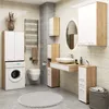 A modern bathroom with wooden and white cabinets, a washing machine, a toilet, a sink, and a towel rack. Náhľad obrázku produktu