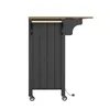 Side view of a black kitchen cart with a wooden countertop and a towel bar. Podgląd zdjęcia produktu