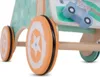 A close-up view of the wheels and side of a wooden baby walker. Produktbild-Vorschau