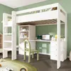 A white loft bed with a desk and shelves underneath, set against a light green wall. Podgląd zdjęcia produktu