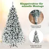 A flocked artificial Christmas tree with decorative elements and text overlays highlighting assembly features. Produktbild-Vorschau