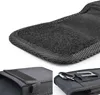A collage of close-up shots of a black fabric phone case, showing its texture, stitching, and attachment mechanisms. Náhled obrázku produktu