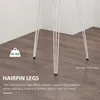 Close-up of the legs of a table, showing the hairpin design and non-skid foot caps, with text overlays describing features. Produktbild-Vorschau