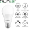 A product image of a white LED light bulb with various feature icons and text. Produktbild-Vorschau