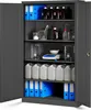 A dark gray metal cabinet with its doors open, displaying various items on its shelves. Anteprima dell’immagine prodotto