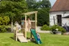 Children playing on a wooden playground structure in a grassy backyard with a house in the background. Produktbild-Vorschau