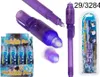 A collage of images showing a purple invisible ink pen with a UV light, its packaging, and a display box of the pens. Produktbild-Vorschau