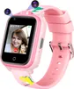 A pink smartwatch for children is displayed, showing a video call on its screen.