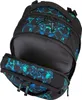 A black backpack with a blue and teal abstract pattern, shown with its main compartment open. Produktbild-Vorschau