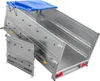 A silver utility trailer with a blue tarp cover, shown with its side gate open and the bed tilted. Produktbild-Vorschau