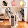 A shoe dryer with shoes, gloves, and slippers attached, displaying product features and usage instructions. Produktbild-Vorschau