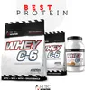 Three containers of HI TEC Nutrition Whey C-6 protein powder are displayed against a white background, with promotional text at the top. Produktbild-Vorschau