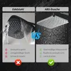 A comparison image showing two different types of showerheads, one labeled 'Edelstahl' (Stainless Steel) and the other 'ABS-Dusche' (ABS Shower). The image highlights the pros and cons of each type. Podgląd zdjęcia produktu