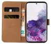 A brown flip cover wallet case for a smartphone, with credit cards and banknotes inserted. Produktbild-Vorschau
