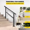 A black metal stair handrail is shown on a set of stairs, with smaller inset images showing its use in different settings like a garden, home, hotel, and porch. Anteprima dell’immagine prodotto