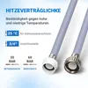 Close-up of two water inlet hoses with connectors, with text describing their features. Produktbild-Vorschau