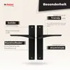 A marketing image showcasing a pair of black door handles with descriptive text highlighting their features and benefits. Produktbild-Vorschau