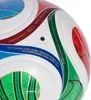 A close-up view of a soccer ball, showing its panel design and printed text. Produktbild-Vorschau