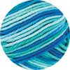 A close-up view of a ball of yarn with multiple shades of blue and green. Produktbild-Vorschau
