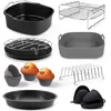 A collage of various air fryer accessories, including baking pans, racks, silicone molds, and oven mitts. Náhľad obrázku produktu