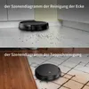 A split image showing a robot vacuum cleaner cleaning different surfaces. The top half shows it cleaning a corner of a hard floor with debris, and the bottom half shows it cleaning a rug. Náhled obrázku produktu