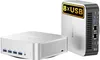 Two white and silver mini desktop computers are shown against a white background. One is lying flat, and the other is standing upright. Produktbild-Vorschau