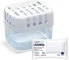 A white plastic dehumidifier unit with a blue liquid reservoir and a refill pack next to it. Voir les images du produit