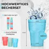 Product image displaying a set of colorful plastic cups with measurement indications. Produktbild-Vorschau