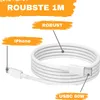A coiled white USB-C to Lightning cable with connectors shown. Text overlays indicate features and compatibility. Produktbild-Vorschau