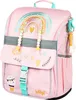 A pink backpack with a rainbow design. Voir les images du produit