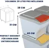 A diagram and close-up view of a kitchen waste bin system, with dimensions and volume information. Produktbild-Vorschau