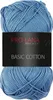 A ball of blue yarn with a black label. Produktbild-Vorschau