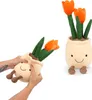 A collage showing a plush toy of a potted tulip plant. One image shows the toy being squeezed by hands, and the other shows it standing upright. Produktbild-Vorschau